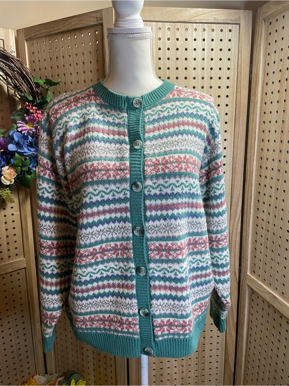 Alfred Dunner Teal-Trim Multicolor Fair Isle Cardigan